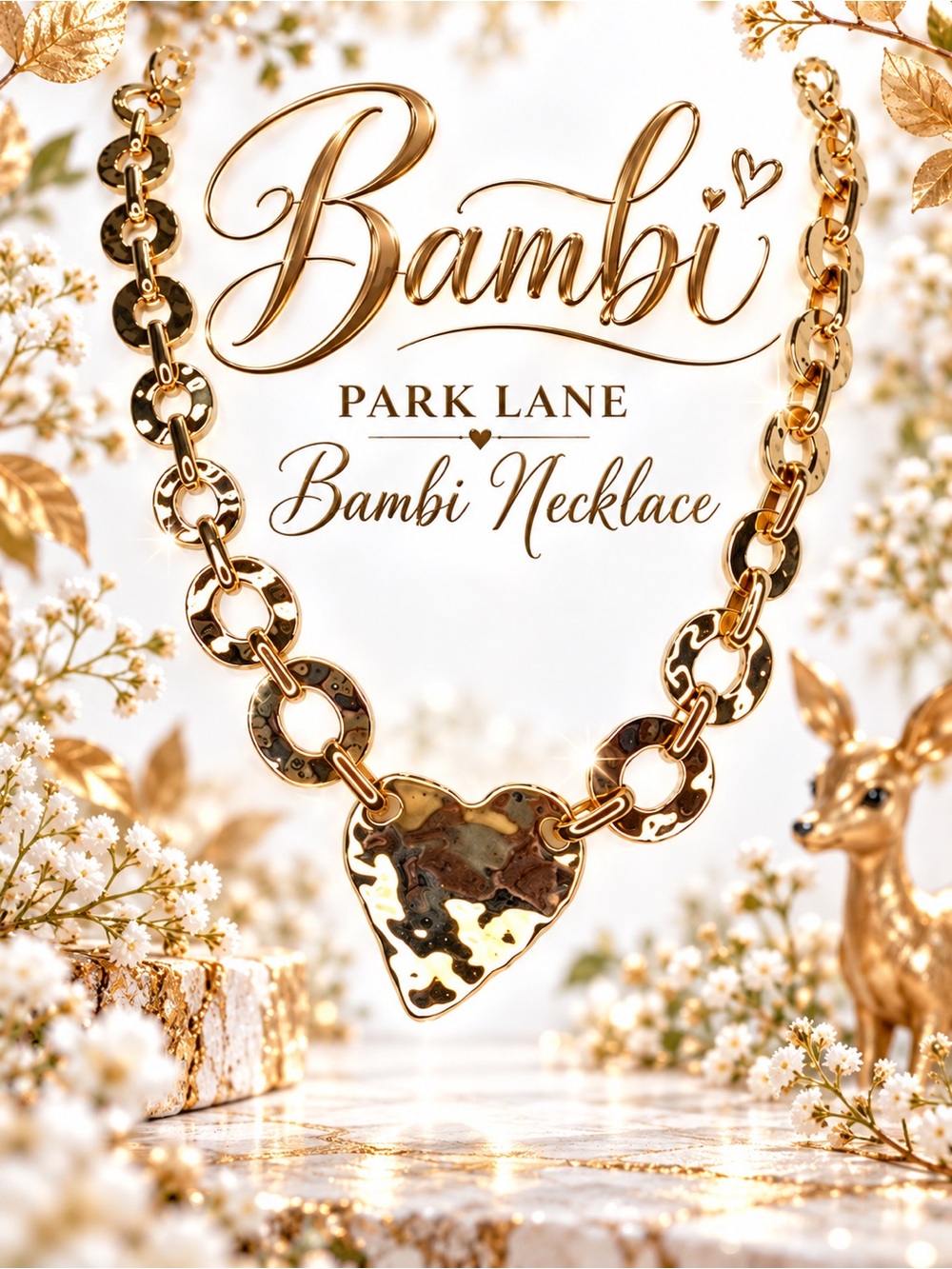 Park Lane Women’s Bambi Necklace Gold Hammered Heart Statement Jewelry NWT